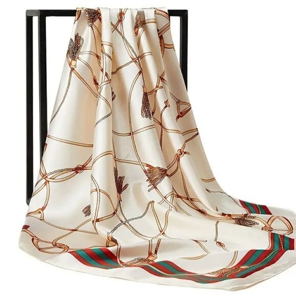 Chain Scarf Vintage Style Satin Cream Scarf Bandana - Picture 3 of 10